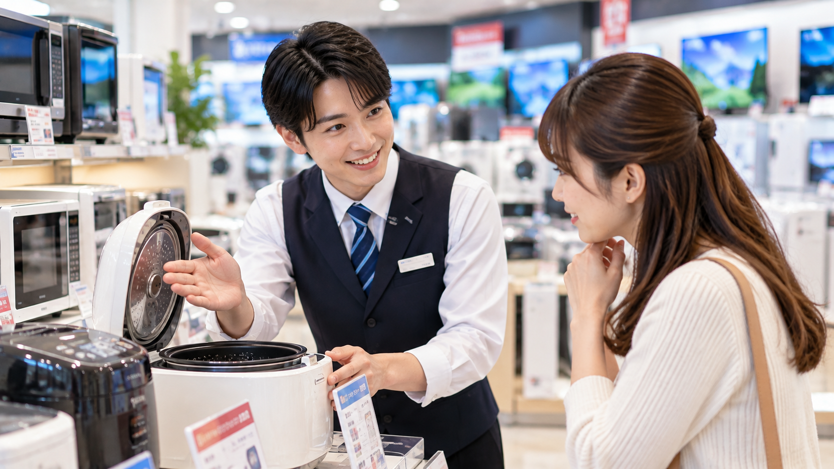 家電売り場で炊飯器を案内する店員と女性