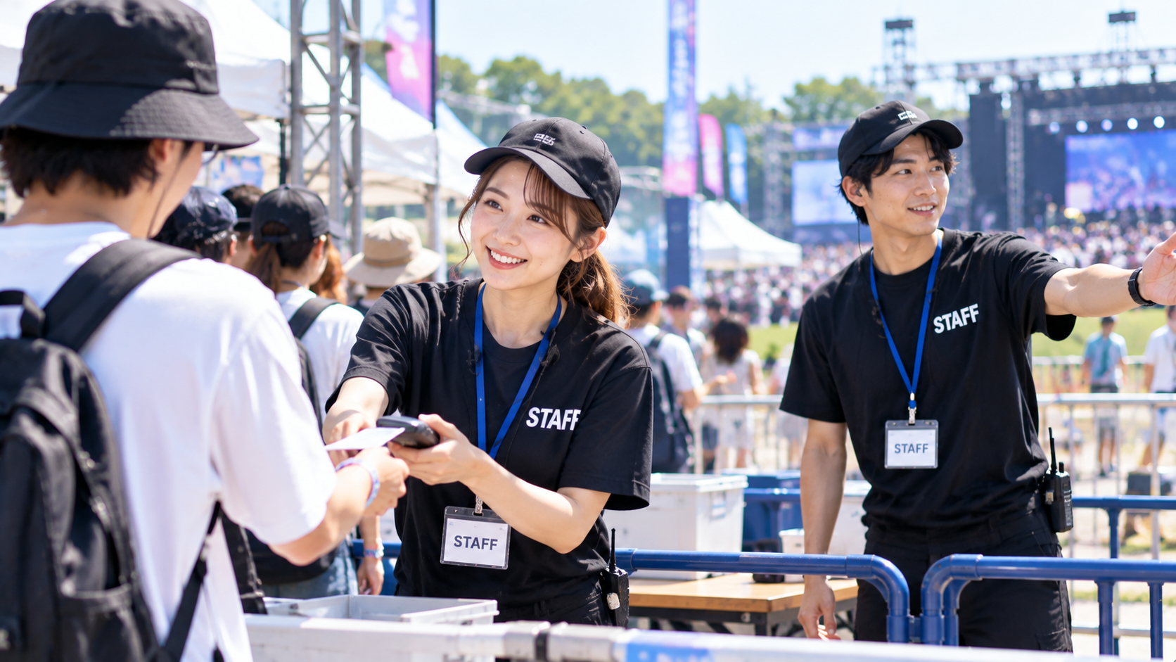 笑顔のスタッフによるフェス入場案内