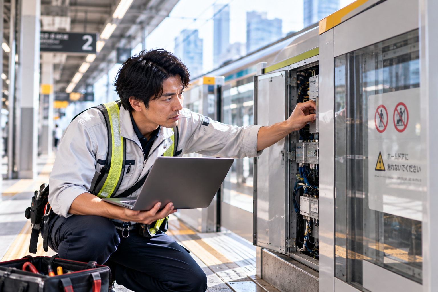 駅のホームドアを点検する技術者